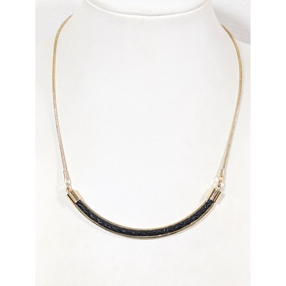 Banana Republic Black Braided Leather Cord Curved Bar Necklace Gold Tone 18"
